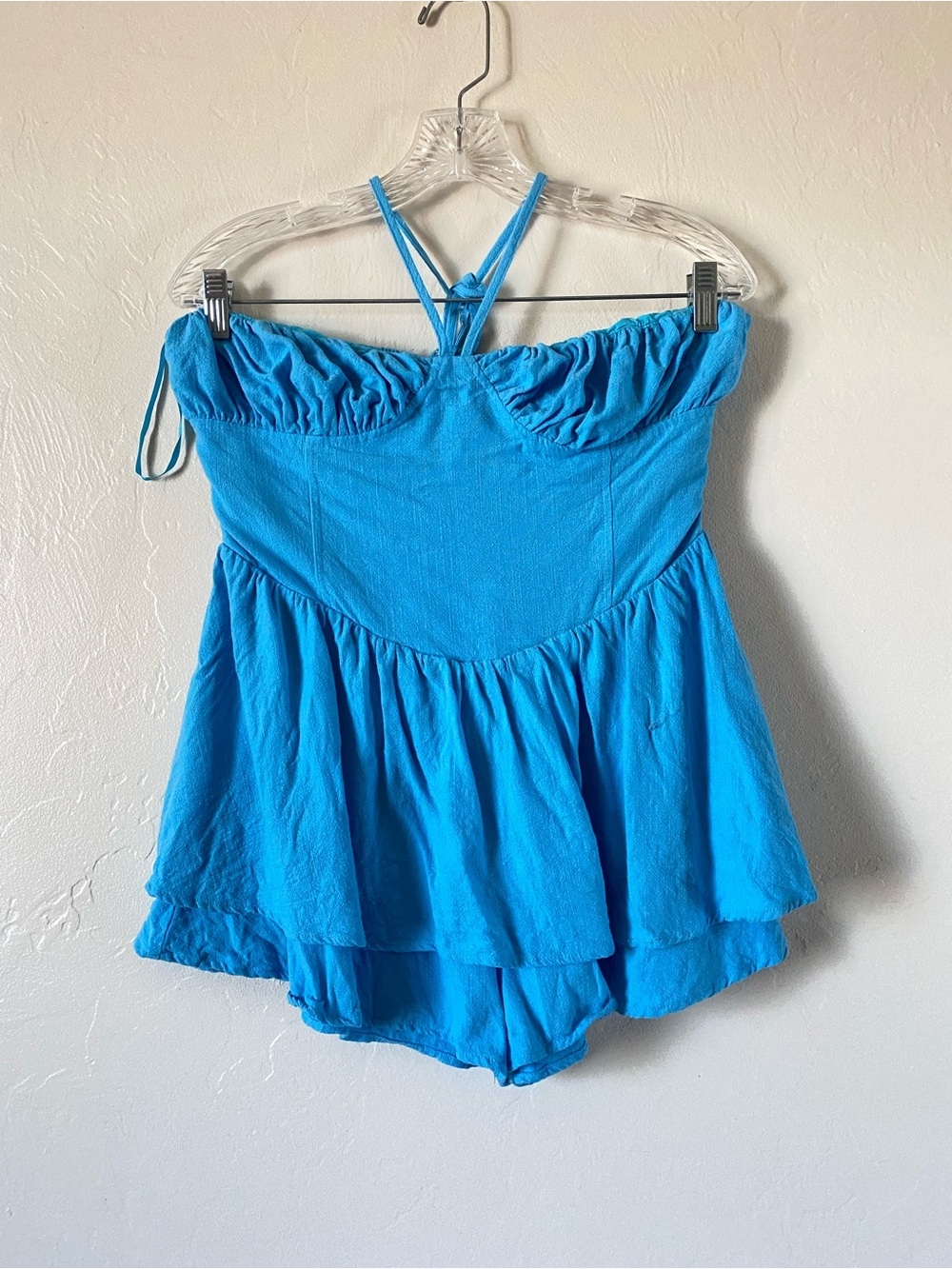 Estelle positano size small sky blue tie up halter ruffled romper